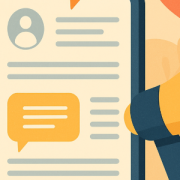 Illustration of a woman with dark hair smiling beside a large smartphone displaying messages, as she uses social media icons like thumbs up and hearts to build a brand voice, with a megaphone shown in the background.